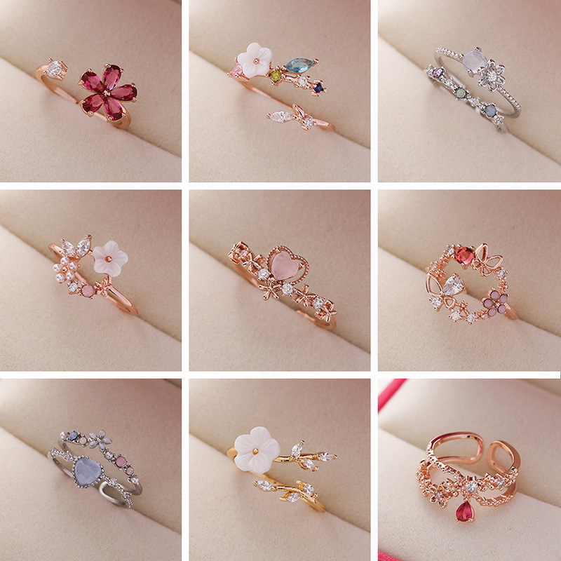 Anillos de circón con incrustaciones de cobre y flores de estilo simple