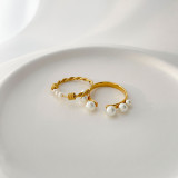 Anillos de perlas artificiales con incrustaciones de acero de titanio geométrico de estilo vintage