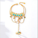 Joyería étnica Retro de moda, chapado en cobre, oro de 18 quilates, pulsera de doble capa, anillo, cadena integrada