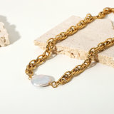 Collar De Perlas De Cadena Gruesa De Acero Inoxidable Chapado En Oro De Moda