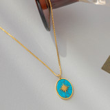Venta al por mayor Collar de pendientes de turquesa chapado en oro de 18 quilates de acero de titanio ovalado de estrella retro