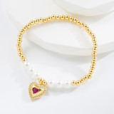 Pulseras de cobre con forma de corazón y cruz a la moda, pulseras de cobre con incrustaciones de perlas chapadas en circonita, 1 pieza