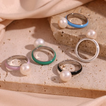 Anillos de perlas con incrustaciones de acero inoxidable redondos de estilo simple