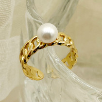 Anillos abiertos chapados en oro redondos de perlas artificiales con incrustaciones de acero inoxidable