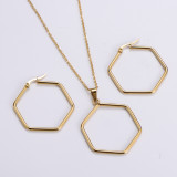 Conjunto de pendientes y collar hexagonales de acero inoxidable brillante coreano al por mayor