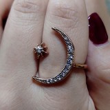 Anillo abierto de circón con incrustaciones de cobre chapado en forma de estrella y luna de moda 1 pieza