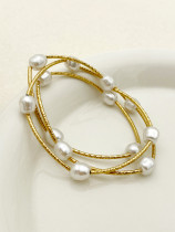Pulseras chapadas en oro de 14 quilates con revestimiento de perlas de imitación de acero inoxidable redondas irregulares románticas clásicas elegantes