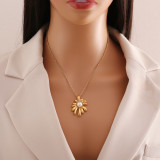 Señora estilo simple estilo clásico flor chapado en acero inoxidable incrustaciones anillos de perlas pendientes collar