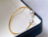 Pulseras de puño de perlas artificiales con incrustaciones de acero inoxidable redondas de estilo simple