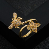 Anillo Abierto De Mariposa Con Circón Micro-set Chapado En Oro De Cobre De Moda