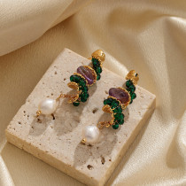 1 par de pendientes colgantes chapados en oro de 18 quilates con incrustaciones de perlas brillantes y elegantes