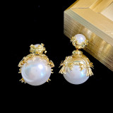 1 par de pendientes de perlas artificiales de cobre con incrustaciones cruzadas para mujer