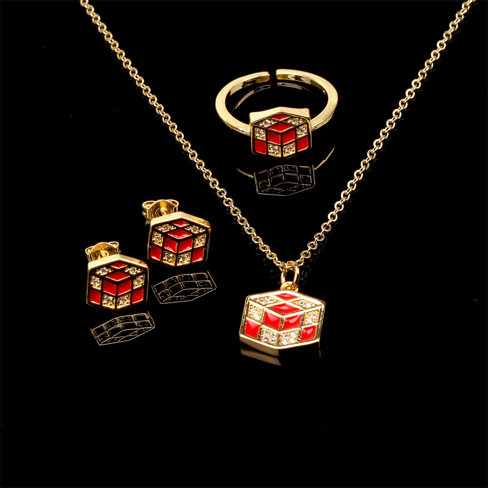 Estilo simple Cubo de Rubik Esmalte de cobre Incrustaciones de circonio Anillos chapados en oro de 18 quilates Pendientes Collar