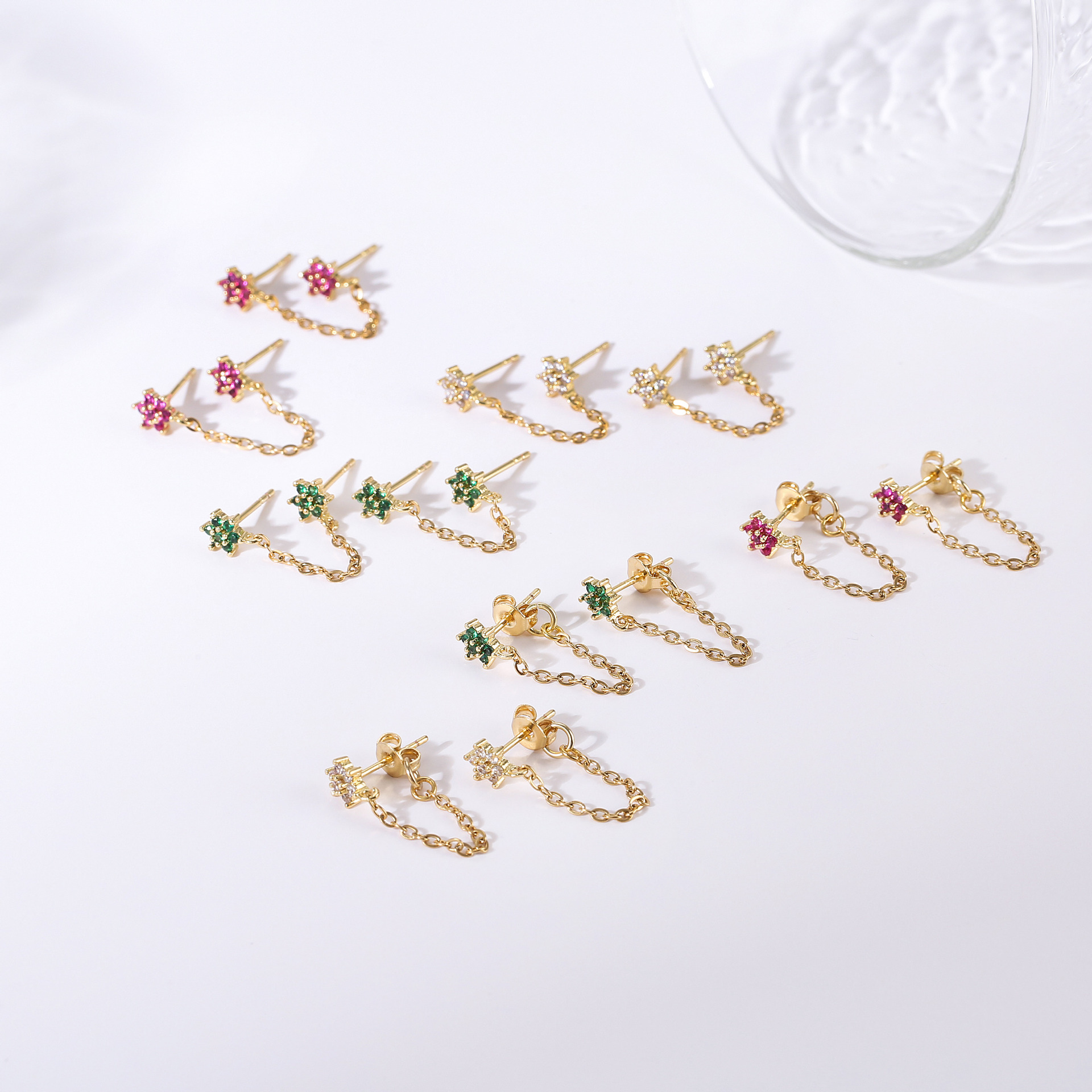 Pendientes de cobre con flores de moda, pendientes de cobre con piedras preciosas artificiales y flores