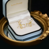 1 par de pendientes chapados en oro de 14K con incrustaciones de nudo de arco dulce estilo francés bonitos