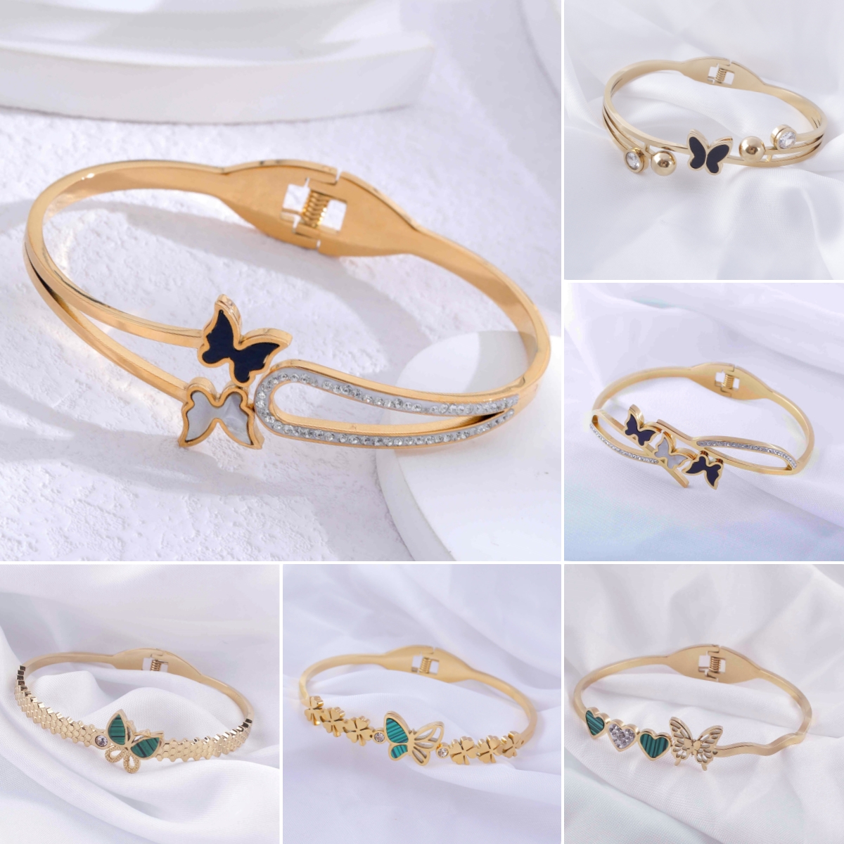 Casual Estilo clásico Mariposa Acero inoxidable Incrustación de resina epoxi Diamantes de imitación Chapado en oro rosa Chapado en oro Brazalete chapado en plata