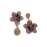 1 par de pendientes colgantes de diamantes de imitación de cristal Artificial con incrustaciones de cobre de tela de flores Glam