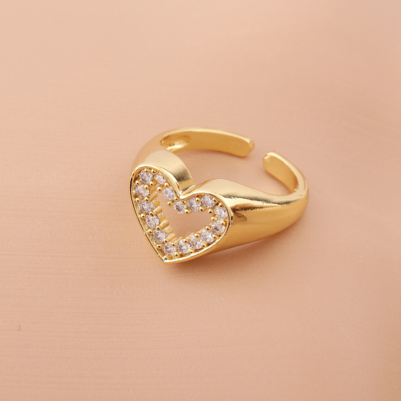 Anillo abierto de cobre con forma de corazón de moda con incrustaciones de anillos de cobre de circón