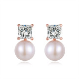 1 par de elegantes pendientes cuadrados con incrustaciones de perlas de cobre y circonitas