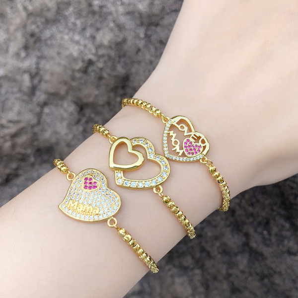 1 pieza de pulseras chapadas en oro de 18 quilates con incrustaciones de cobre y forma de corazón con letras MAMA