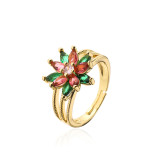 Anillo abierto de cobre con flor de hoja de moda, anillos de cobre con circonita chapada en oro