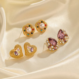 Pendientes chapados en oro de 18 quilates con incrustaciones de flores, gotas de agua Retro, en forma de corazón, con incrustaciones de cobre, diamantes de imitación, perlas, 1 par