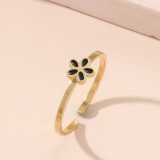 Anillo abierto chapado en acero inoxidable con flor de estilo simple, 1 pieza