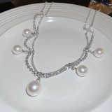 Collar con colgante de perlas artificiales, elegante, informal, con borlas, cobre, oro blanco, plateado, diamantes de imitación artificiales, a granel