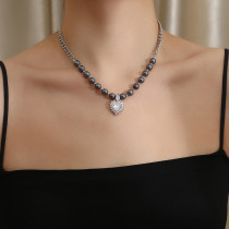 Collar con colgante de circón con incrustaciones de perlas con cuentas de acero y titanio, piedra Natural brillante en forma de corazón de estilo Simple
