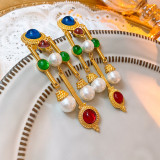 Pendientes colgantes con diamantes de imitación, perlas artificiales de cobre con incrustaciones de bloques de Color geométrico Retro, 1 par