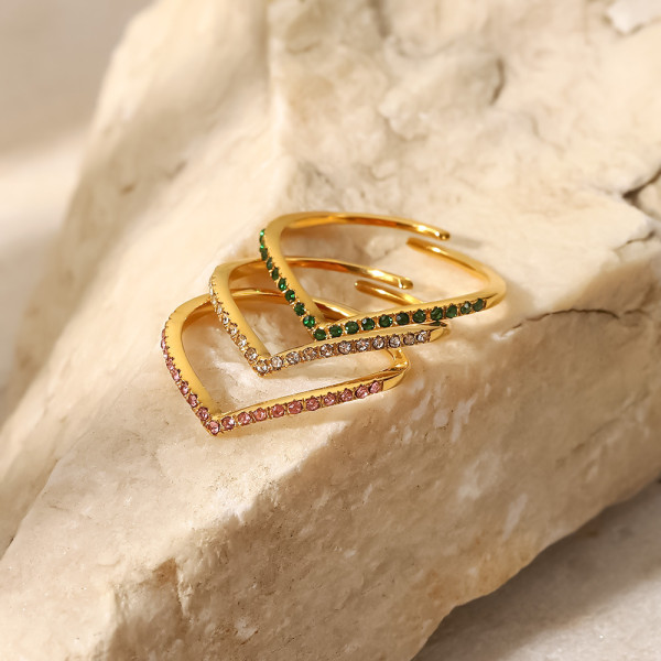 Anillo abierto geométrico de acero inoxidable con incrustaciones de anillos de acero inoxidable con circón