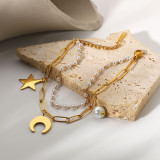 Pulsera de doble capa con colgante de perla, luna y estrella de acero inoxidable chapado en oro de 18 quilates