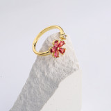 Anillo abierto con incrustaciones de circón en forma de flor, chapado en oro de 18 quilates, bonito, a la moda, para mujer