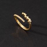 1 pieza de anillo abierto de perlas artificiales de circón con incrustaciones de cobre con forma de corazón y letras a la moda