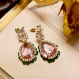 1 par de pendientes colgantes de circón de cristal con incrustaciones de gotas de agua Glam, perlas artificiales de cobre