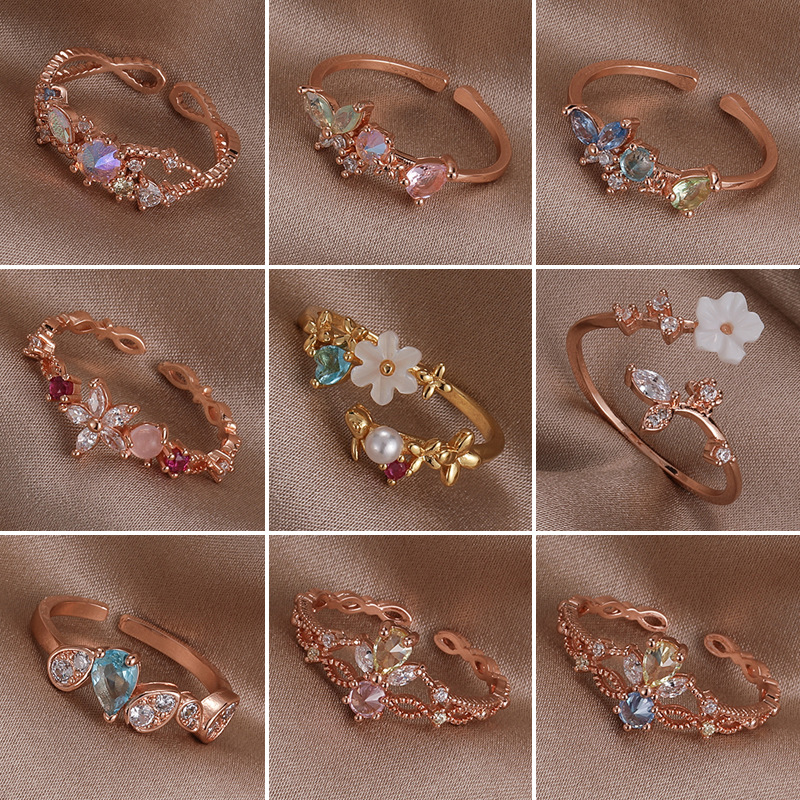 Anillo Abierto Flores Cobre Geométricas Dulces 1 Pieza