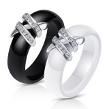 Anillo de acero de titanio con diamantes con incrustaciones de doble X en blanco y negro de cerámica creativa
