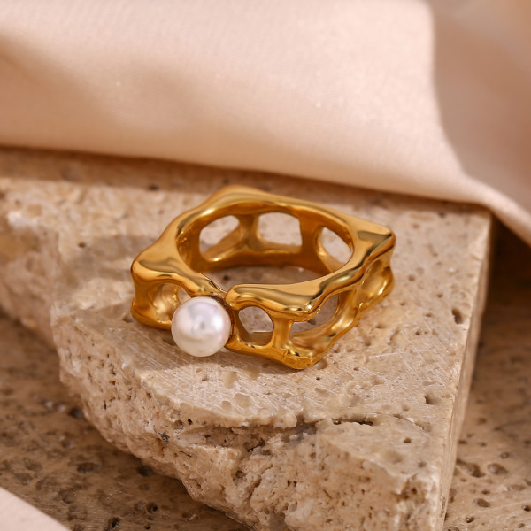 Anillos cuadrados de perlas artificiales chapados en acero inoxidable de moda