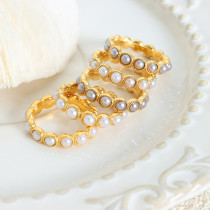 Elegante dama estilo barroco geométrico titanio acero chapado incrustaciones perlas artificiales anillos chapados en oro de 18 quilates