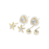 3 pares de pendientes de perlas artificiales de circonita con incrustaciones de cobre en forma de corazón y estrella redonda a la moda