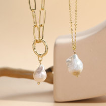 Collar con colgante chapado en oro de 14 quilates con perlas de agua dulce redondas irregulares, estilo clásico, lujoso y elegante
