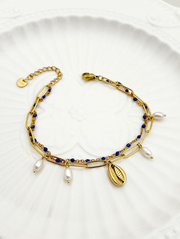 Elegante Estilo Vintage Sweet Shell Acero Inoxidable Perla Artificial Pulido Chapado En Oro Pulseras