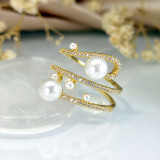 Anillos abiertos chapados en oro con diamantes de imitación y perlas artificiales con incrustaciones de cobre geométrico de viaje lujoso estilo IG