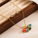 Elegante collar de pendientes de mujer chapado en oro de 18 quilates con revestimiento de esmalte de acero inoxidable y mariposa