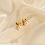 1 par de pendientes colgantes chapados en oro de 18 quilates con incrustaciones redondas elegantes e informales de cobre y perlas de agua dulce
