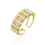Anillo ajustable con diseño de apertura de perlas de mijo de 4 hileras de oro de 18 quilates chapado en cobre