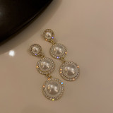 Pendientes geométricos retro con incrustaciones de cobre, perlas artificiales, circonitas, 1 par