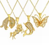 Collar con colgante chapado en oro con incrustaciones de cobre, elefante, mariposa, delfín, Retro