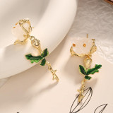 1 par de elegantes pendientes colgantes de piedras preciosas artificiales de cobre con incrustaciones de esmalte de flores de hojas de estilo coreano