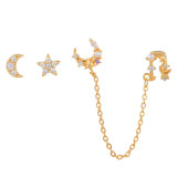 Conjunto de 3 piezas de pendientes de circón con perlas artificiales con incrustaciones de cobre y borlas de luna y estrella a la moda